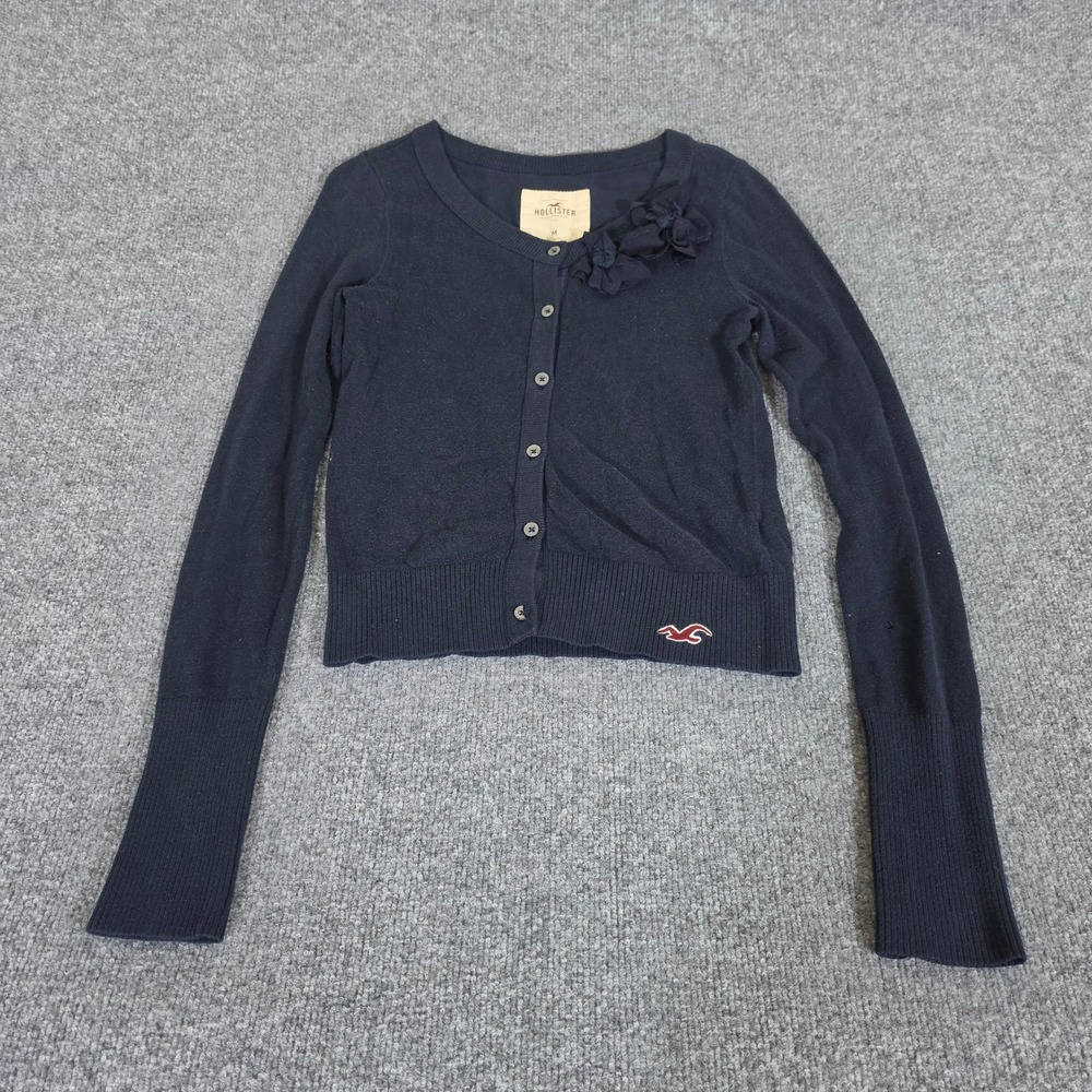 2000s Hollister Navy Blue Rosette Button Front Cardigan Sweater Womens Size M